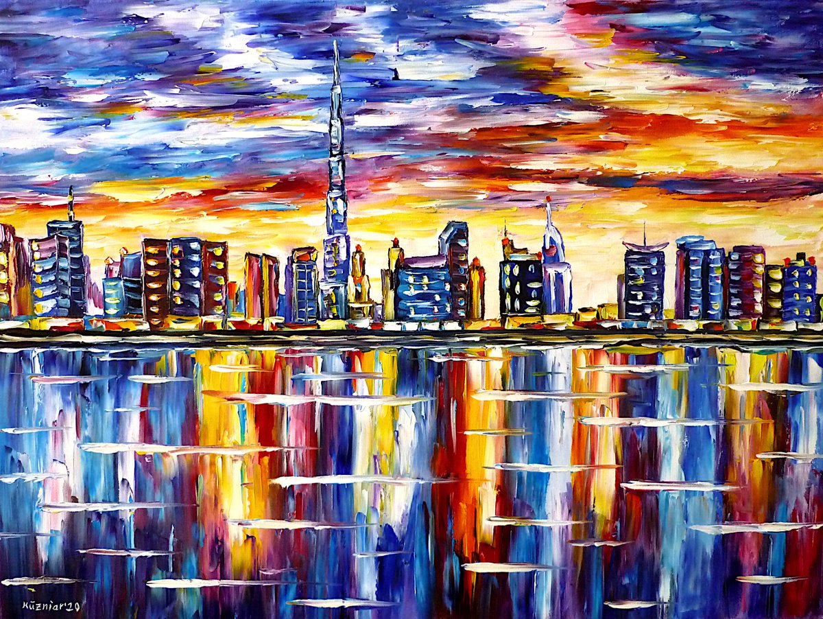 Expressive Cityscapes Oil Painting By Mirek Kuzniar, 31 X 24", Dubai Skyline, Original Artwork