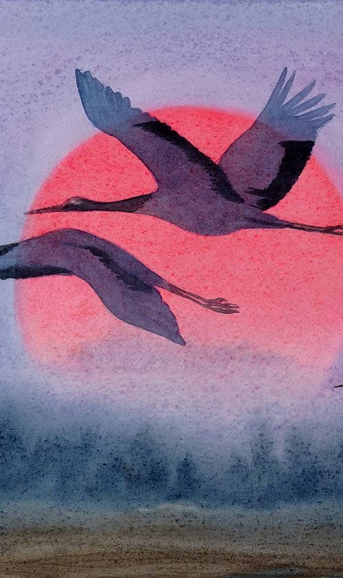 Flock of Japanese Red Crowned by Olga Beliaeva Watercolour
