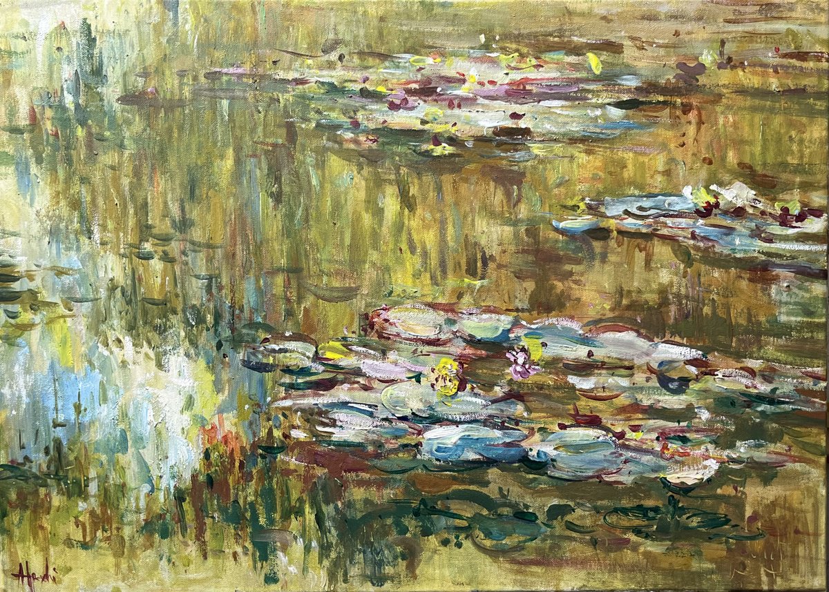 Impressionistic Botanical Acrylic Painting By Altin Furxhi, 28 X 20, Nymphaeas / Water Lilies Pond Abstract Impressionist, Artfinder