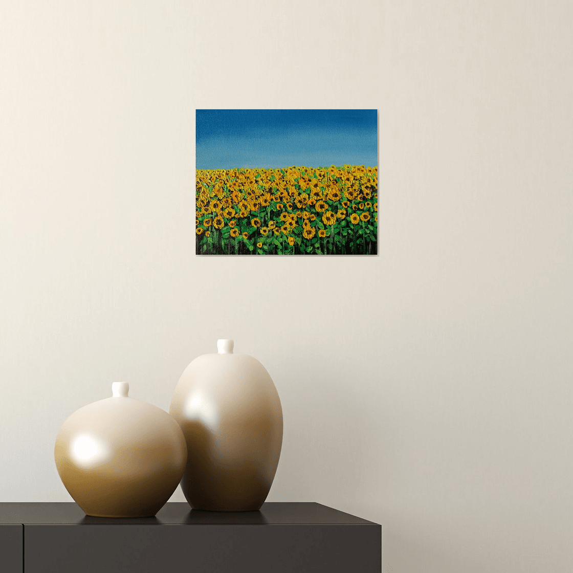 Sunflower field! Impasto painting on round canvas! Ready to hang Acrylic  painting by Amita Dand