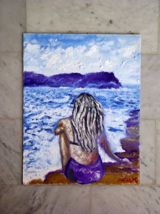 SEASIDE GIRL - Sitting at the Seaside - Oil painting on canvas board (36x46cm)