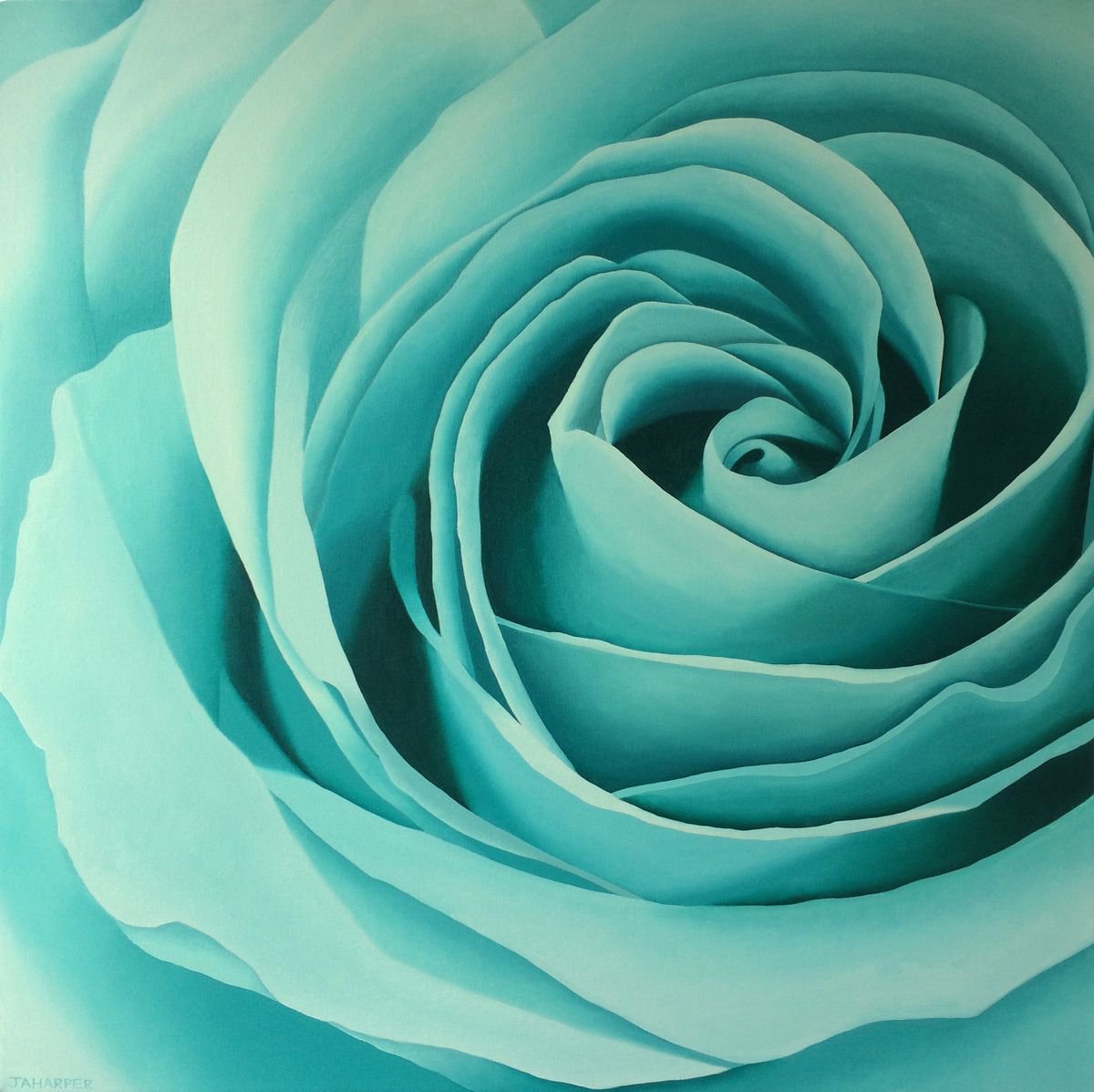 Photorealistic Botanical Oil Painting By Jill Ann Harper, 30 X 30, Aqua Rose, Original Artwork