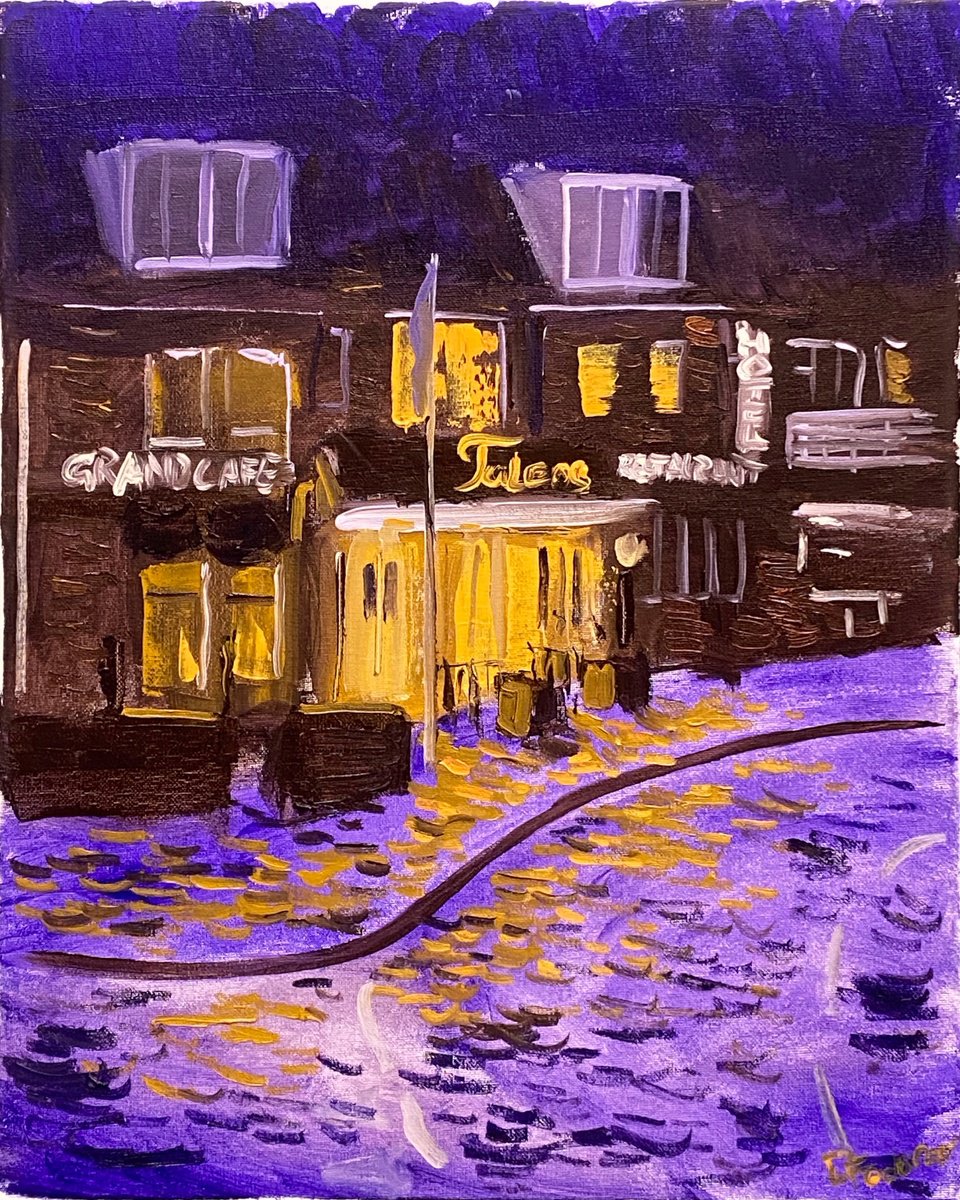 Impressionistic Cityscapes Oil Painting By Dmitry Fedorov, 16 X 20, Hotel In The Night, Original Artwork