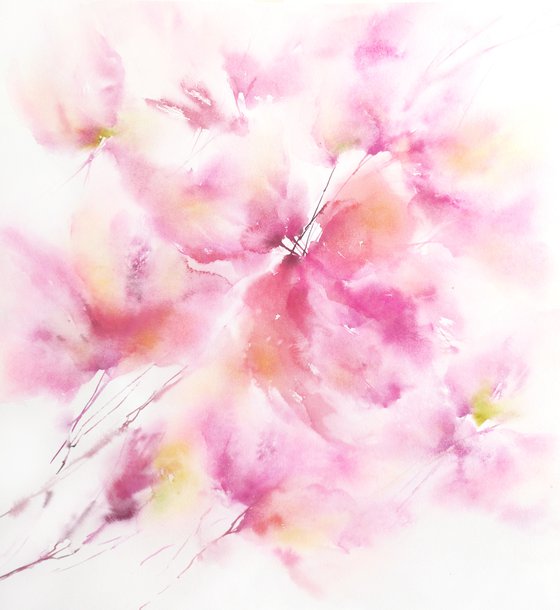 Soft pink flowers. Watercolor loose floral bouquet