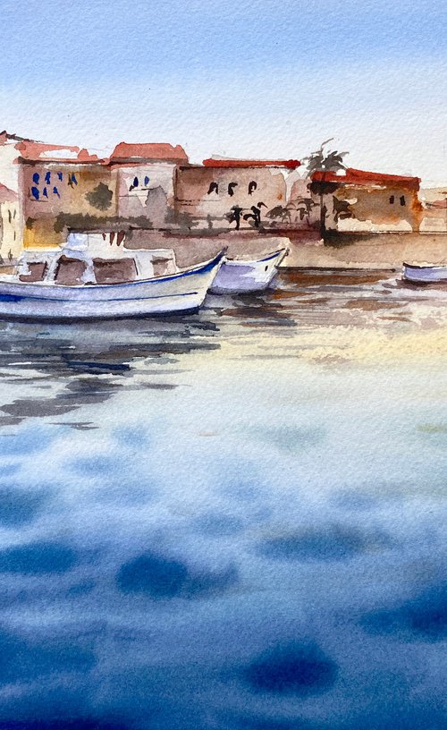 Sardinian Sunset original painting, sea sunset, blue nautical wall decor gift for him by Irina Povaliaeva