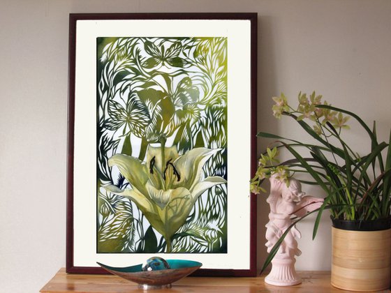 spring green tulip watercolor with paper cut