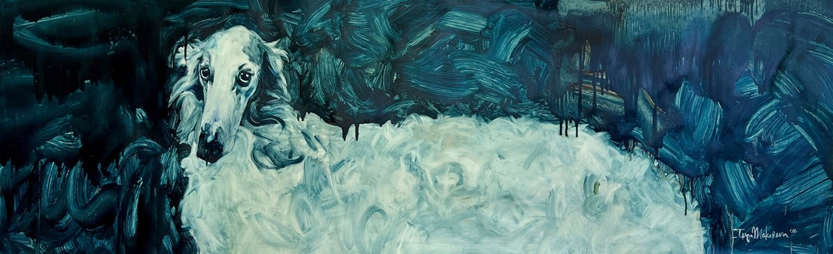 Expressive Animal Oil Painting By Inga Makarova, 59 X 17, White Dog 4, Original Artwork