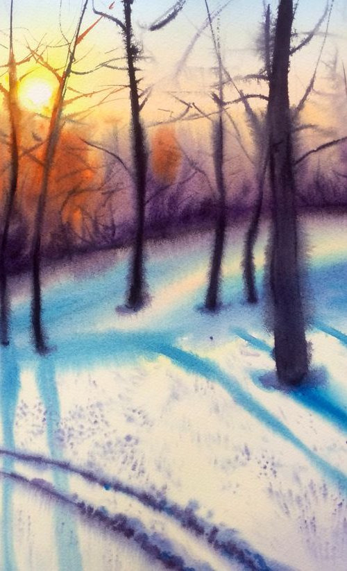 Winter Sunset - Winter landsca by Olga Beliaeva Watercolour