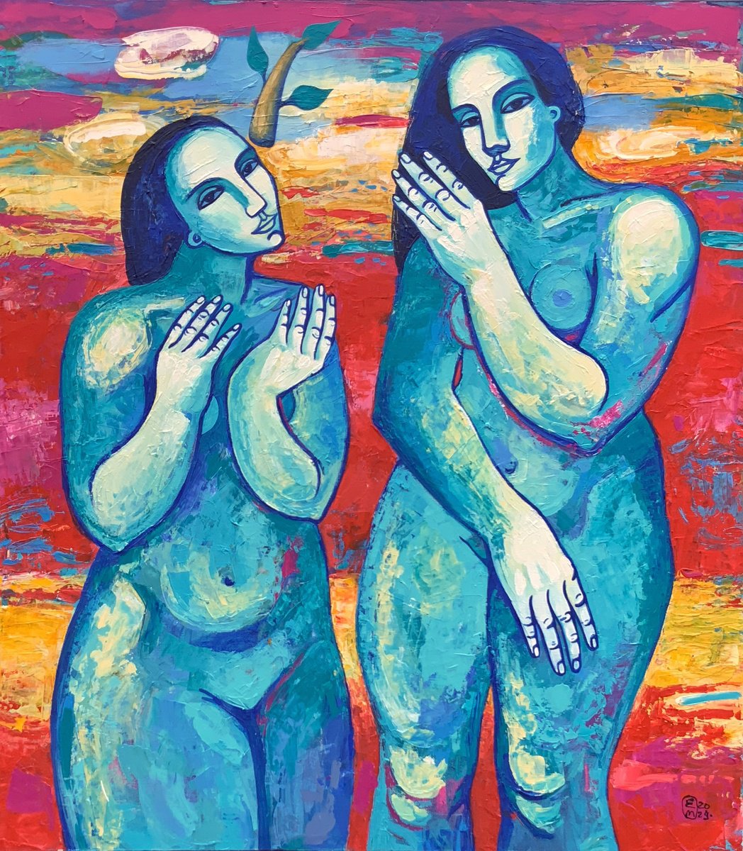 Naive Portrait Acrylic Painting By Elena Tomilova, 28 X 31, Power Of Life, Original Artwork