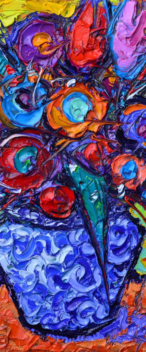 COLORFUL WILDFLOWERS 17 - abstract modern impressionist floral miniature impasto contemporary flowers art original palette knife oil painting by ANA MARIA EDULESCU