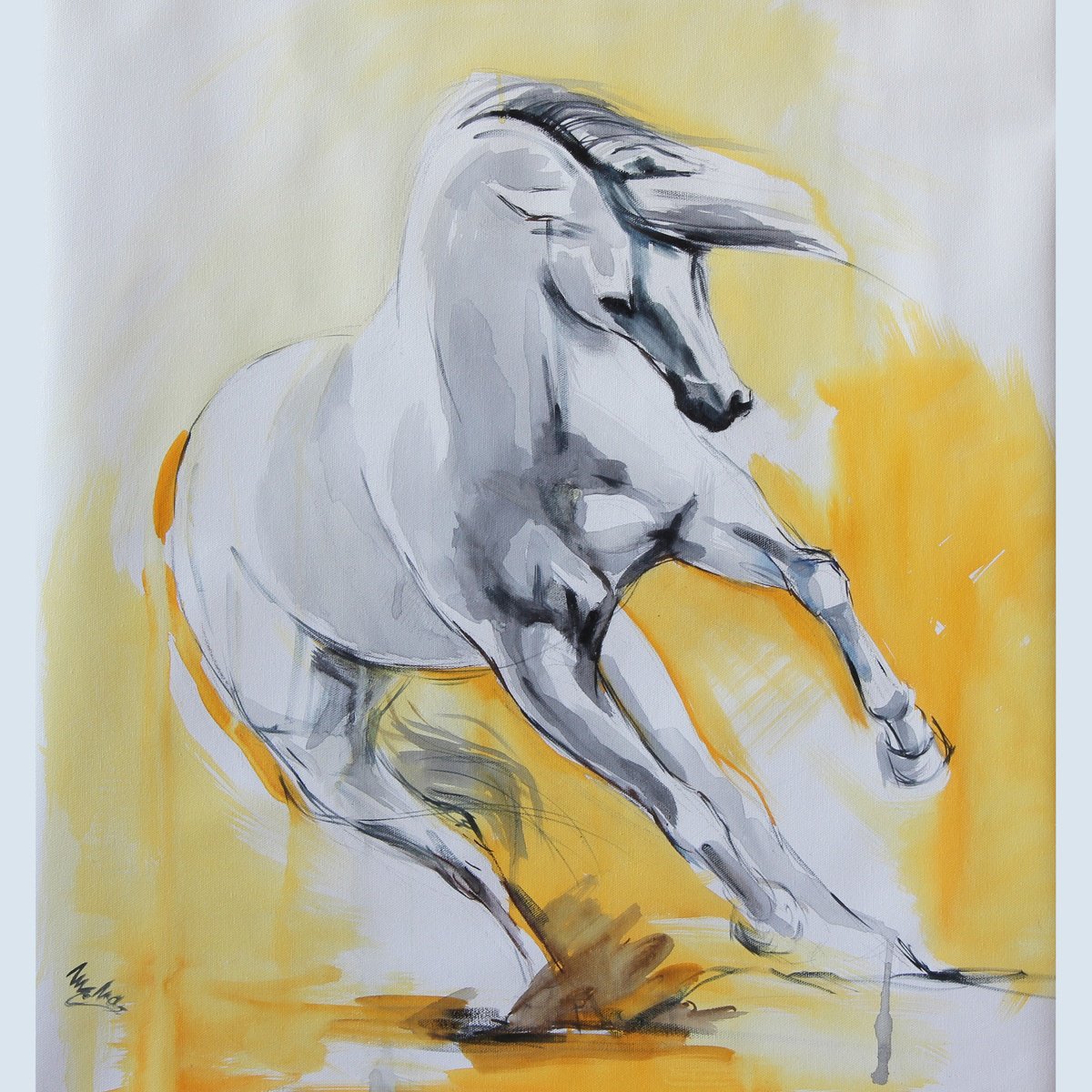 Expressive Animal Oil Painting By Marie Madej, 26 X 26", Yellow Horse, Original Artwork