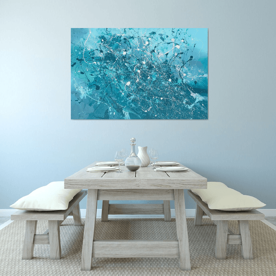 Splashy Waves 10 - XXL LARGE ABSTRACT TURQUOISE PAINTING, FULL OF MOVEMENT. LARGE STATEMENT PIECE, READY TO HANG!