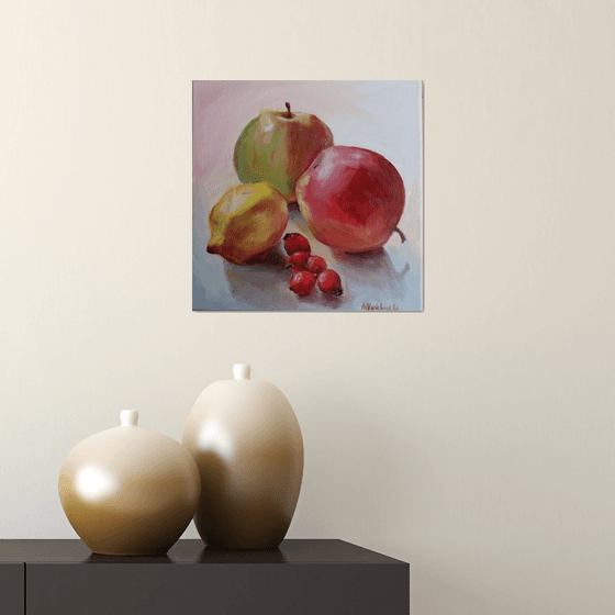 Apples Lemon And Dog Rose Fruit ( Original oil painting ready to hung canvas gallery wrapped. Gift idea, home decoration idea. Red fruits rose hips and citrus on the light background)