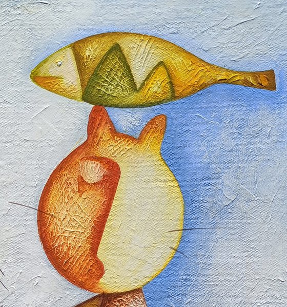 Fish and cat(35x25cm, acrylic/canvas, ready to hang)