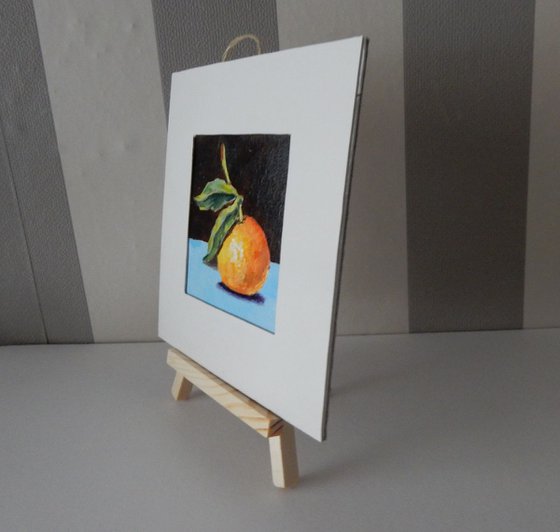 Reserve for K.  Tangerine. Miniature painting Mandarin. Easel is included. Gift painting. Ready to hang.