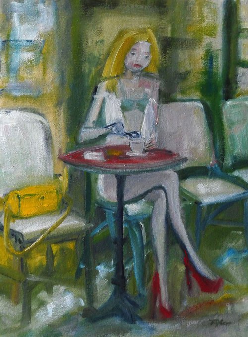 COFFEE BREAK, Blonde Fashion Model, Yellow Handbag. by Tim Taylor