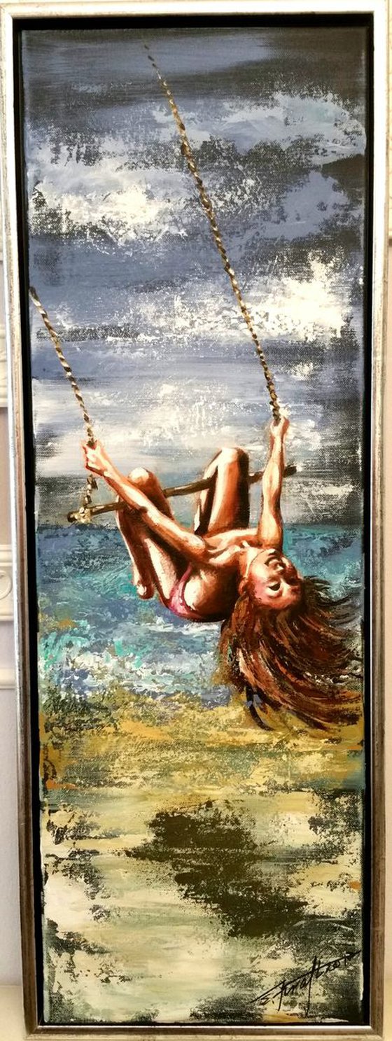 "Winged swing",original acrylic painting 30x90, ready to hang,framed