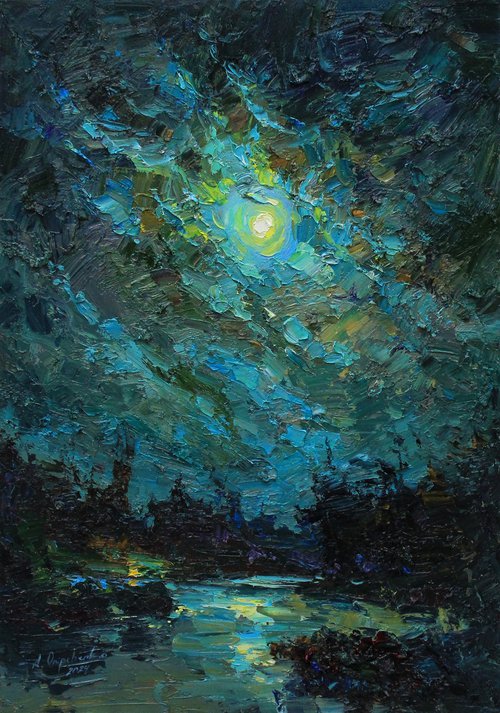 Twinkling moon over river by Alisa Onipchenko-Cherniakovska