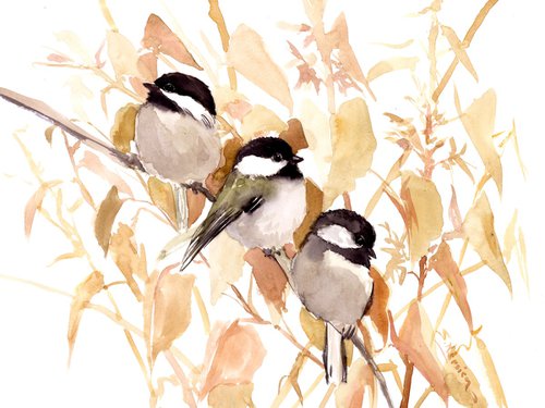 Three Chickadee Birds and Fall Foliage by Suren Nersisyan