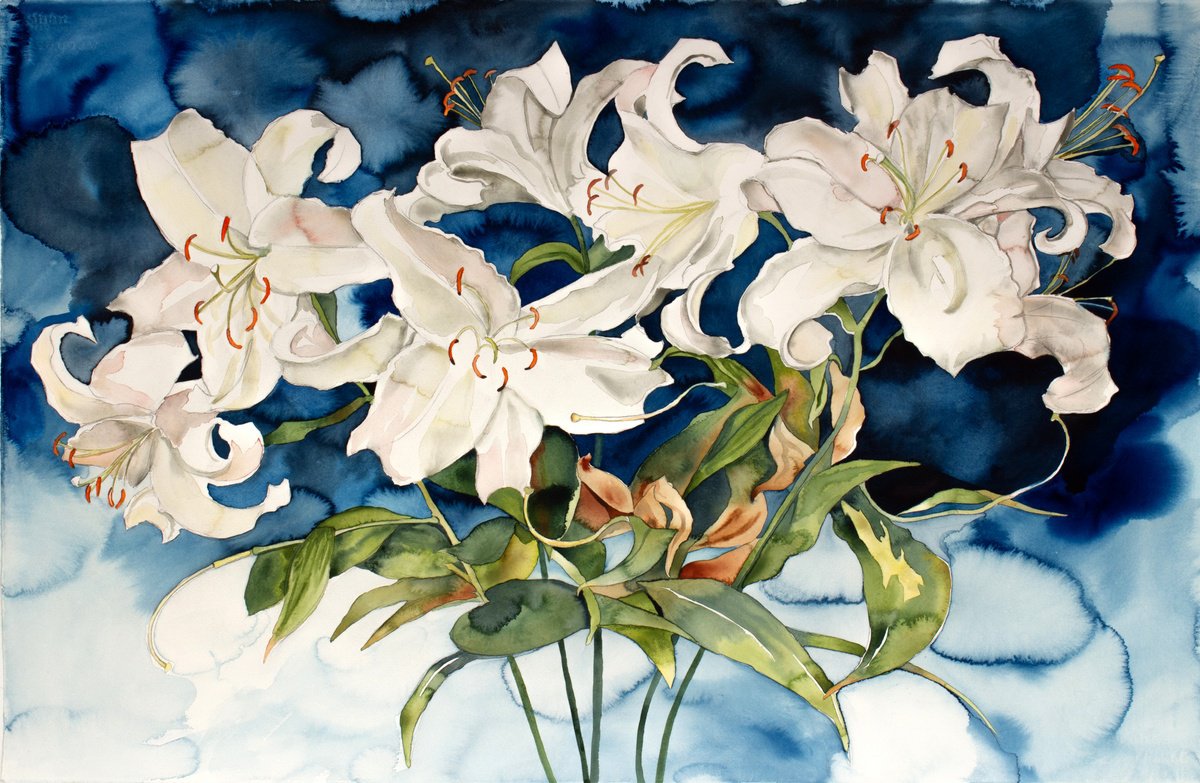 Expressive Botanical Watercolour By Elizabeth Becker, 40 X 26, Lily Bouquet, Original Artwork