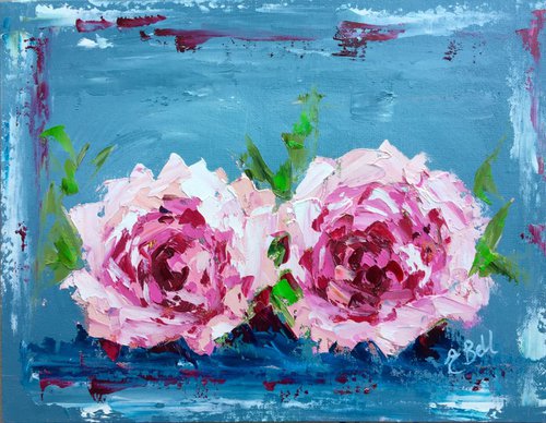 Two pink Peonies  11"x4" by Emma Bell