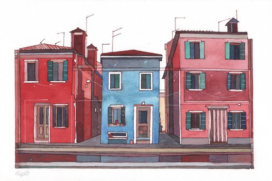 Houses of Burano, Venetian Lagoon, Italy (Watercolor Painting)