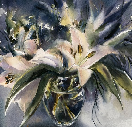 White Lilies Bouquet Watercolor Painting, Still Life Painting, Flowers Watercolur Art