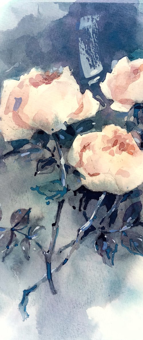 "Dance. Three white roses on a background in shades of thunderous gray" watercolor sketch original illustration by Ksenia Selianko