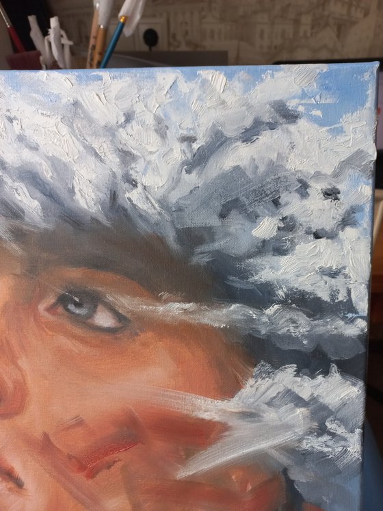Cloudy. Oil human portrait. Abstract portrait 40x50x1.5cm/ 19.7x15.7x0.6in