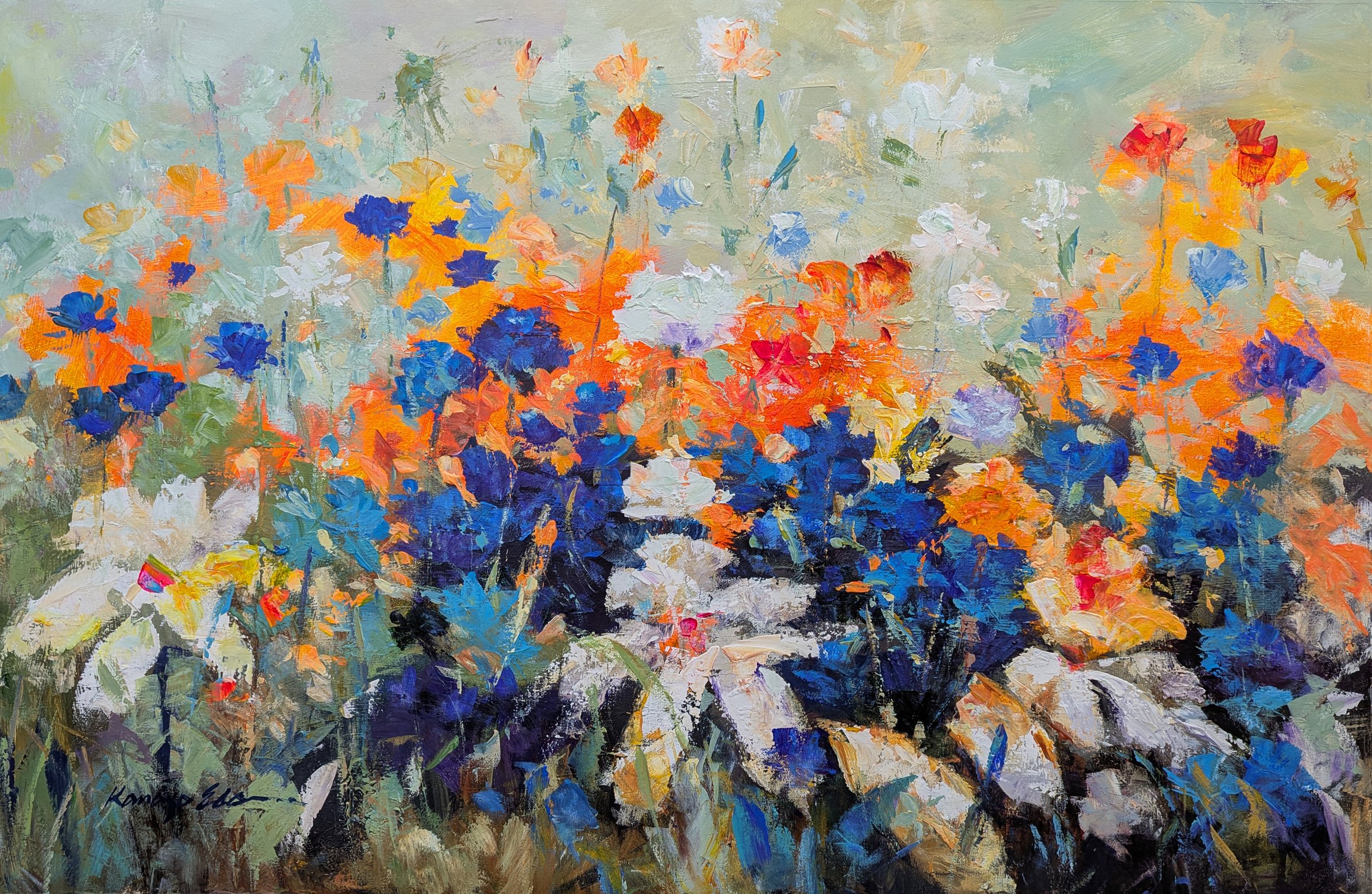 Impressionistic Botanical Acrylic Painting By Kanayo Ede, 48 X 30", Fire Garden, Original Artwork