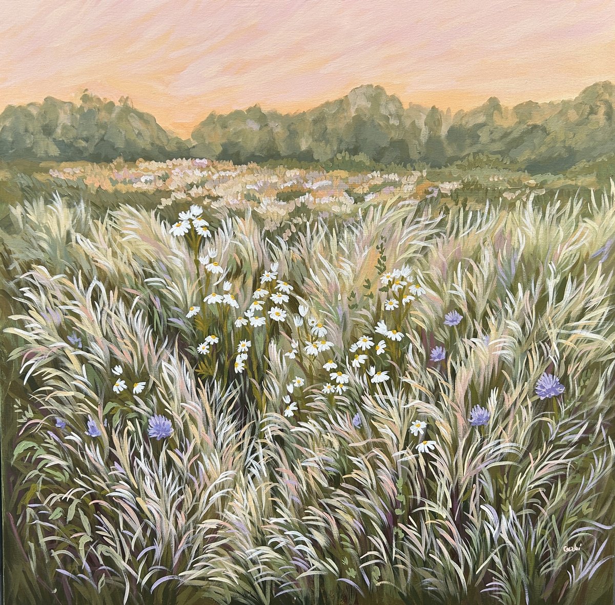 Impressionistic Landscape Acrylic Painting By Gabriele Prismantaite, 34 X 34, Meadow With Chamomile, Original Artwork