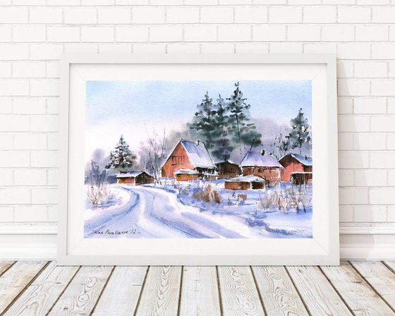 Winter in the country original watercolor painting with snow and sunset , medium format artwork on paper