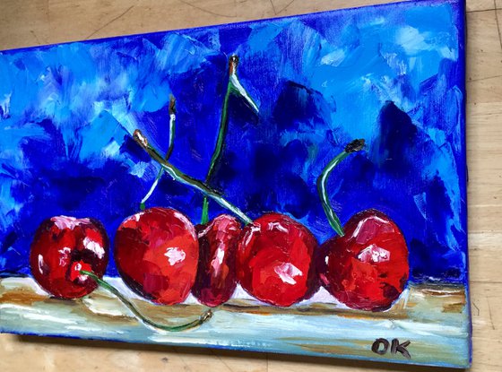 Cherries. Still life. Palette knife painting on linen canvas