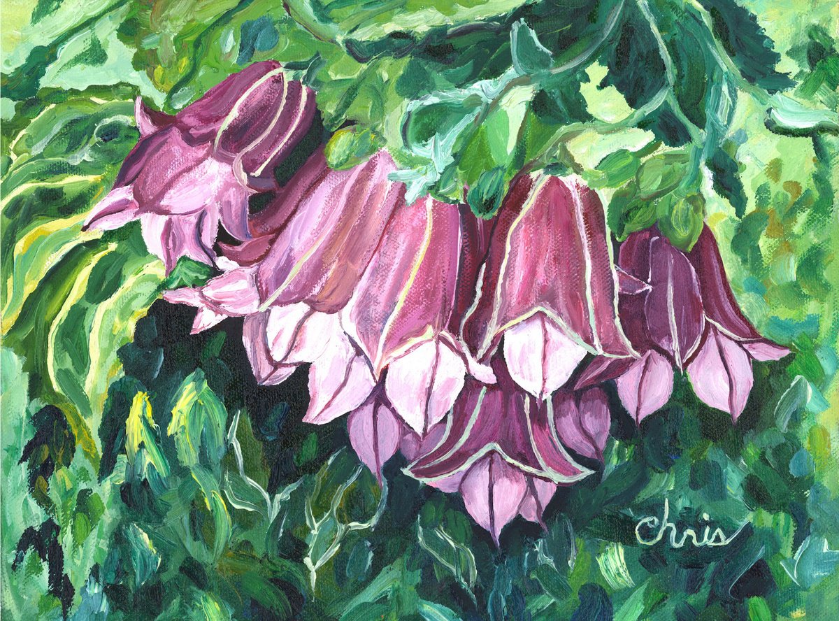 Impressionistic Botanical Oil Painting By Christina M Plichta, 18 X 15, Campanula Cluster, Original Artwork