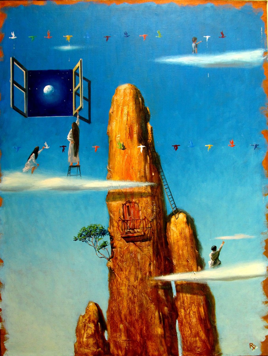 Surrealistic Portrait Oil Painting By Serhiy Roy, 24 X 31", The Top Of The Rock., Original Artwork