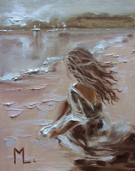 " BY THE SEA " SUN SKY SEA SAND liGHt  ORIGINAL OIL PAINTING, GIFT, PALETTE KNIFE