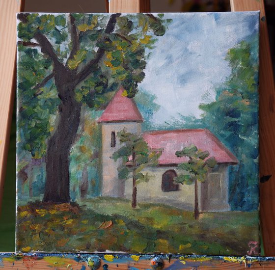 Oil painting Church in early autumn
