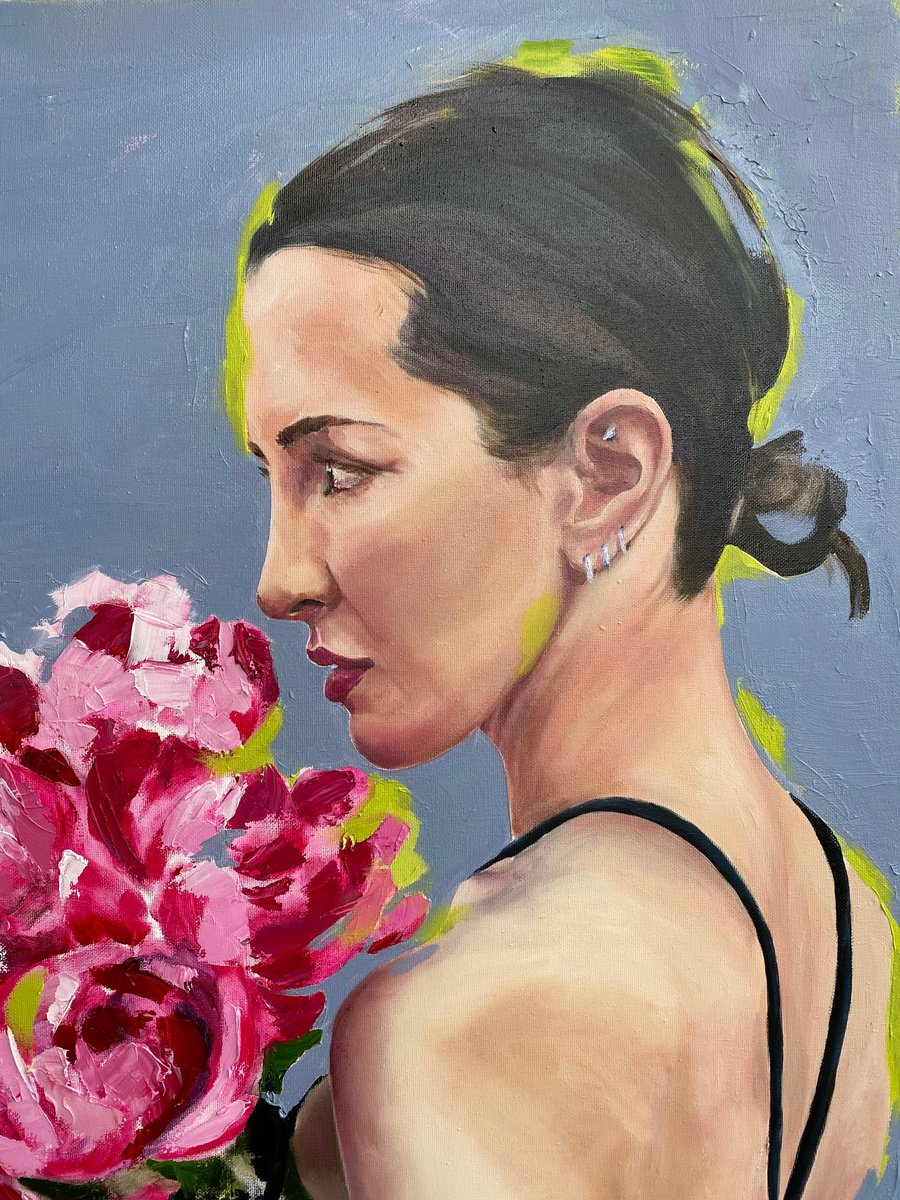 Lovely women with magenta peonies by Diana Timchenko