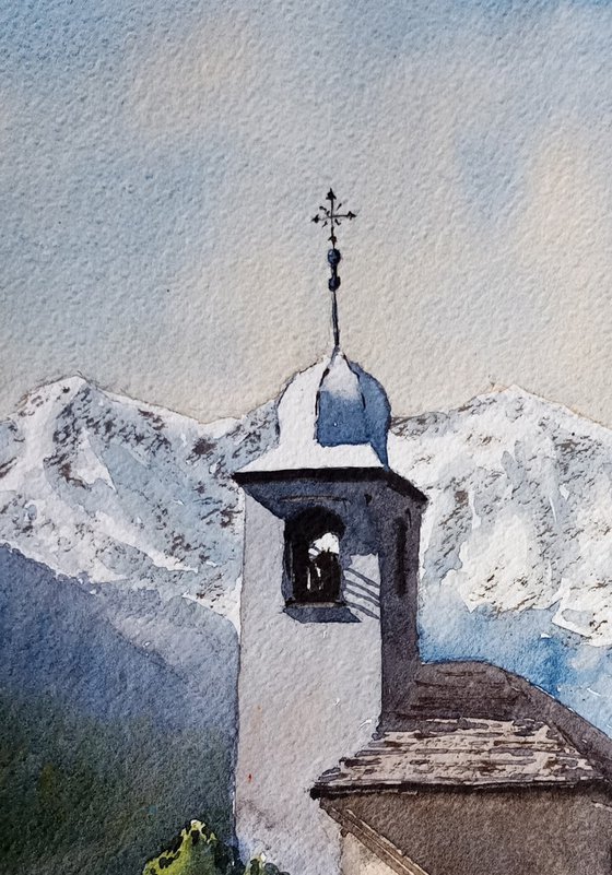 Small church from the 1600s in the Macugnaga valley with Monte Rosa in the background