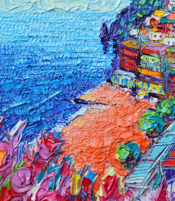 POSITANO COLORS AMALFI COAST ITALY modern impressionism impasto textural palette knife oil painting by Ana Maria Edulescu abstract cities