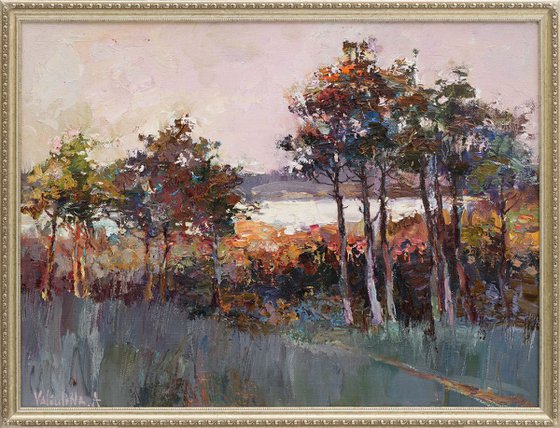 Path to the Lake - Original autumn landscape painting Framed