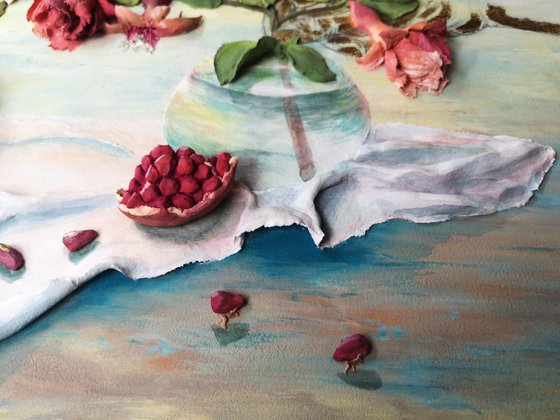 With Renewed Vigor - beautiful pomegranate bloom still life, original textured wall relief , decor, bas relief, home decor, gift idea, red, green 60x40x5 cm