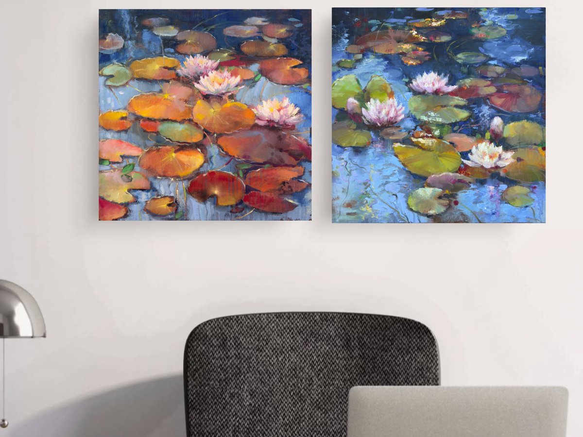 Impressionistic Botanical Oil Painting By Olha Laptieva, 40 X 20", Water Lilies, Original Artwork