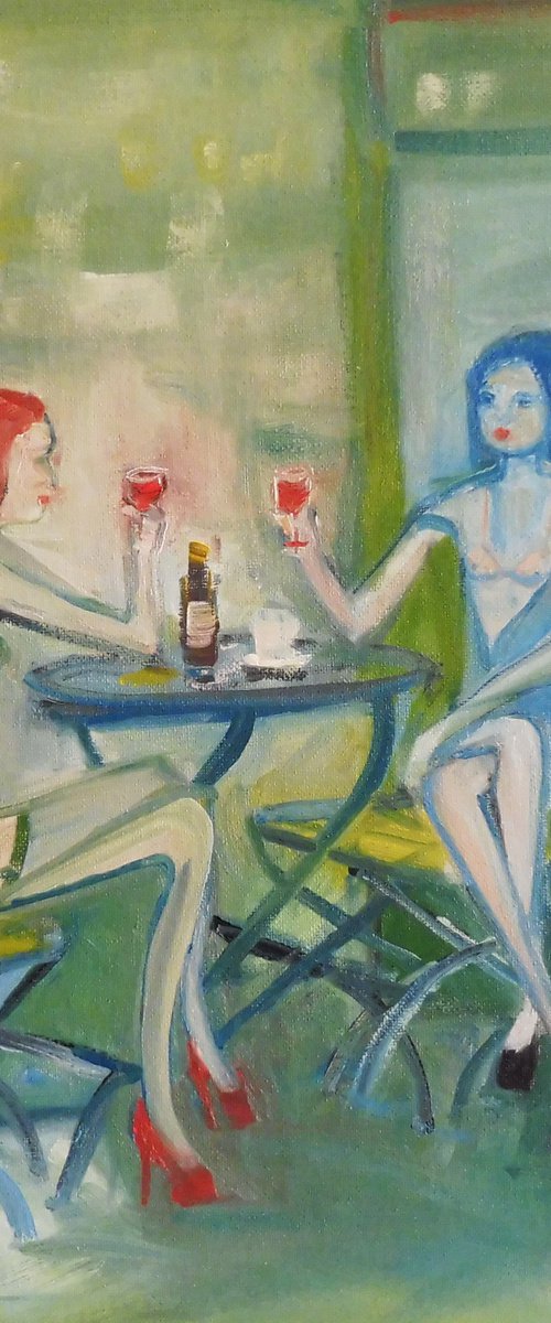 GIRLS FASHION MODELS, CAFE RESTAURANT, RED WINE, Green Dress, Blue Dress. Original Female Figurative Oil Painting. Varnished. by Tim Taylor