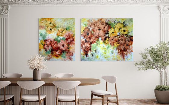 "Enchanted Blooms III" Diptych from "Colours of Summer" collection, XXL abstract flower painting