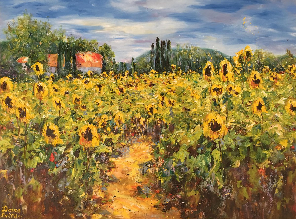 Impressionistic Botanical Oil Painting By Diana Malivani, 31 X 24, Sunflowers, Original Artwork