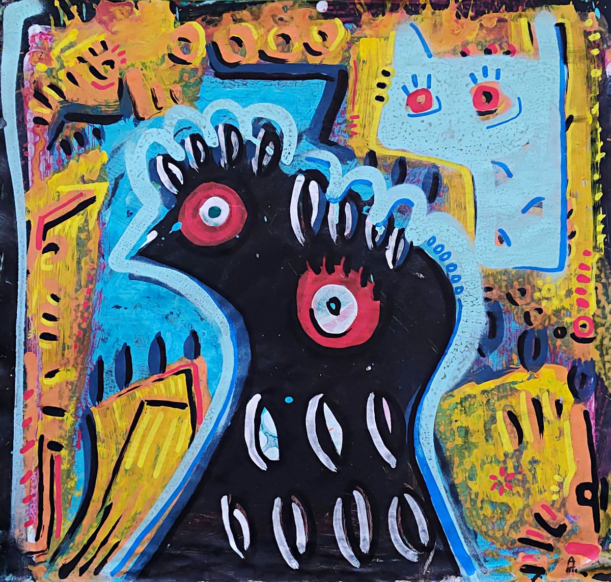 Expressive Animal Acrylic Painting By Angel Rivas, 20 X 19, Friends, Original Artwork