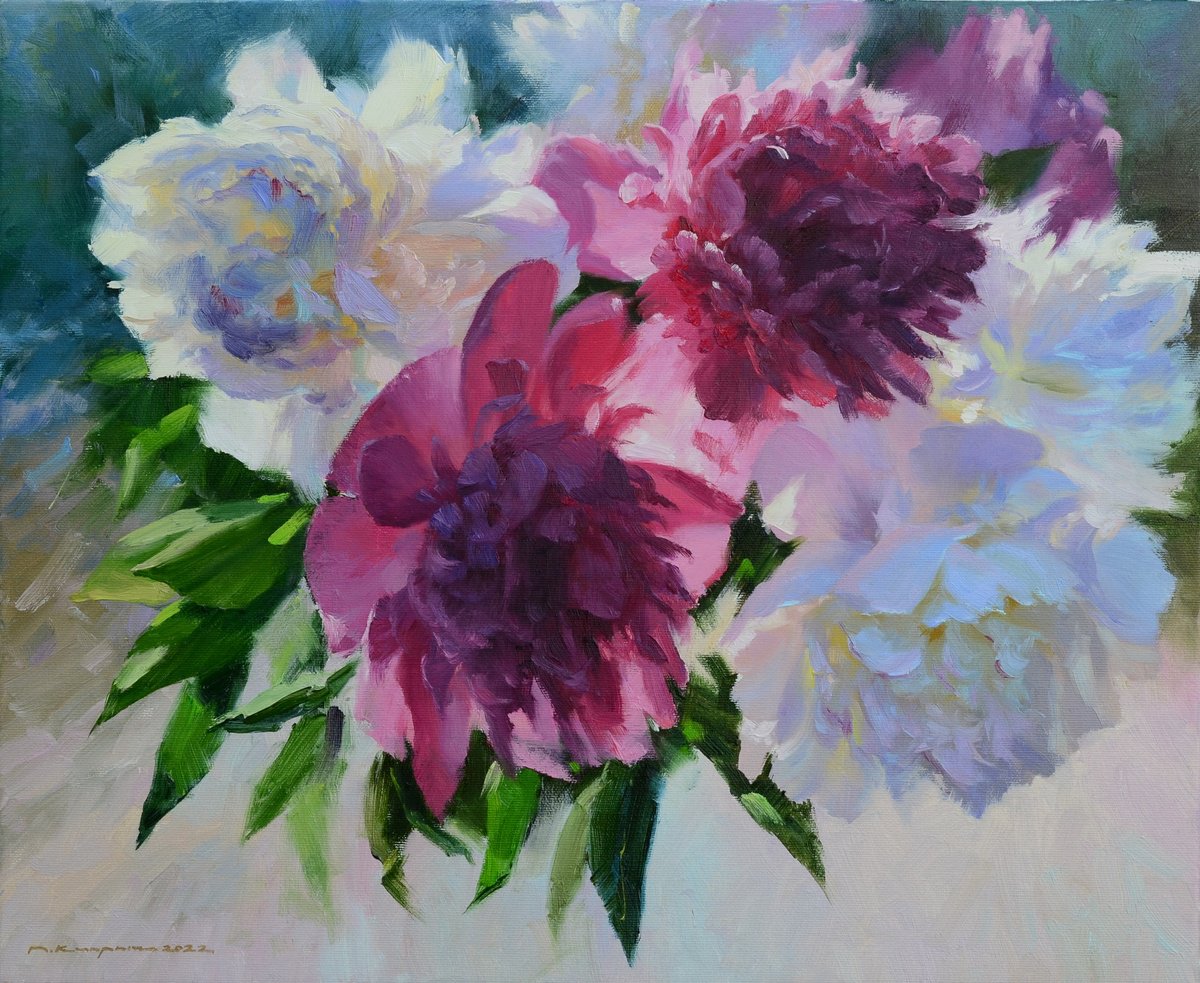 Impressionistic Botanical Oil Painting By Ruslan Kiprych, 22 X 18", Peonies Illuminated By The Sun, Original Artwork