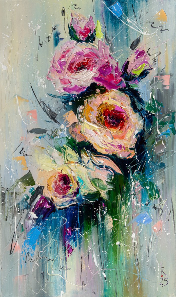 Impressionistic Botanical Oil Painting By Liubov Kuptsova, 12 X 20", Floral Serenade, Original Artwork