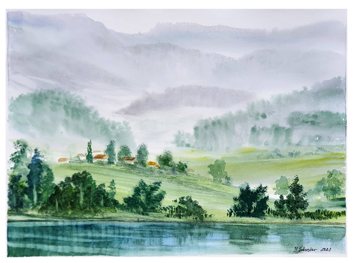 Impressionistic Landscape Watercolour By Yulia Schuster, 16 X 12", Childhood Memory, Original Artwork